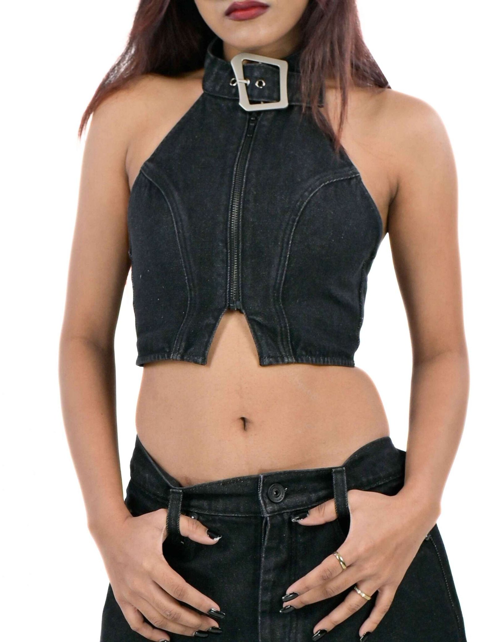 Denim buckle top